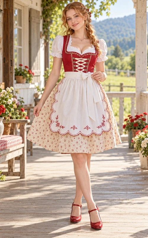 Vintage Red Sweetheart Puff Sleeve Scalloped Apron Dirndl Dress