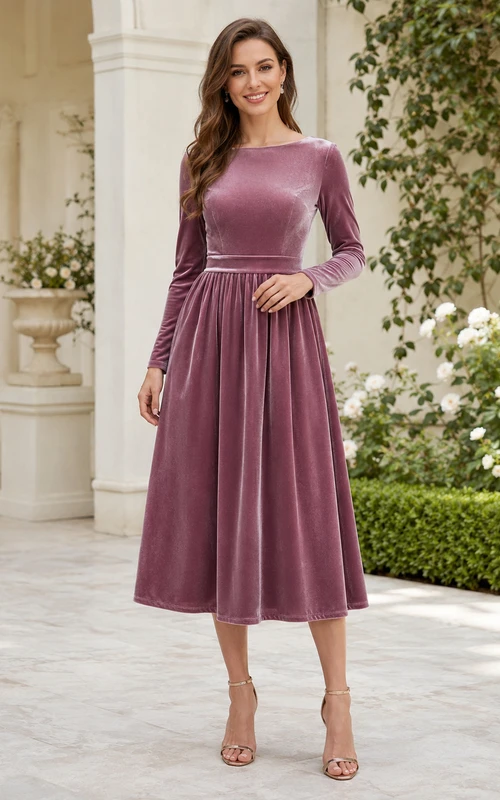 Vestido midi de terciopelo color malva con escote barco y manga larga, corte en A, ideal para invitadas.