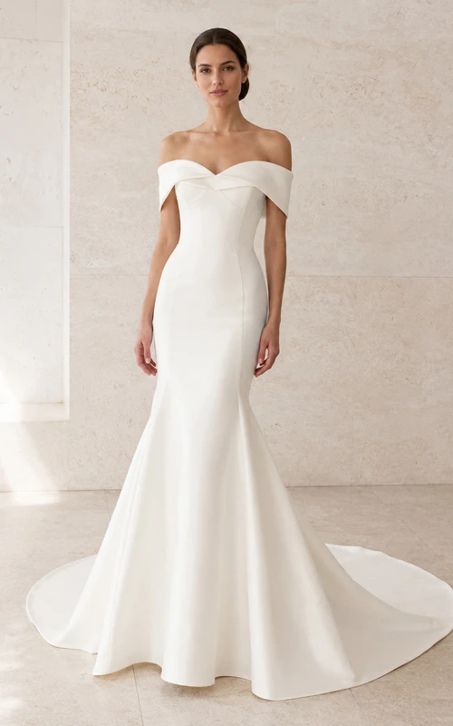 Robe de mariée moderne en satin, épaules dénudées, coupe sirène courte, plis taille basse, élégante pour la réception