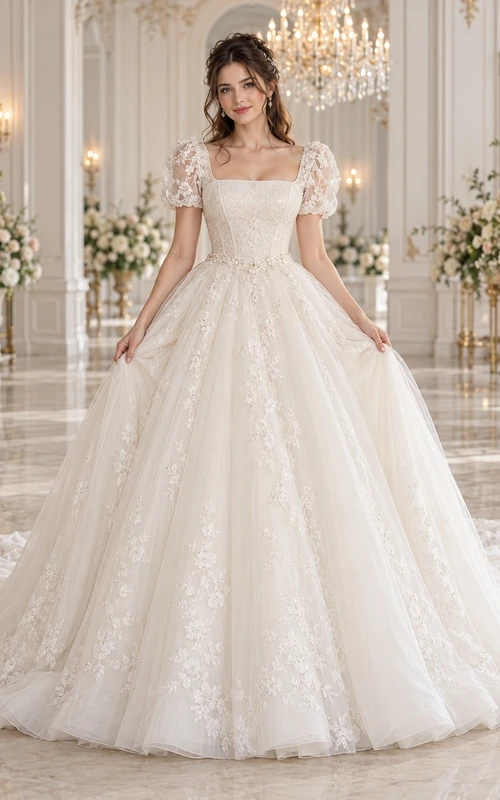 Modest Square Neck Puff Sleeve Tulle Ball Gown Wedding Dress