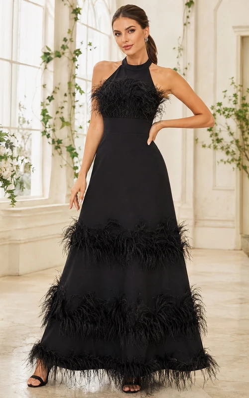 Robe de soirée de luxe noire à col montant, dos nu et plumes à volants, coupe trapèze, longueur au sol.