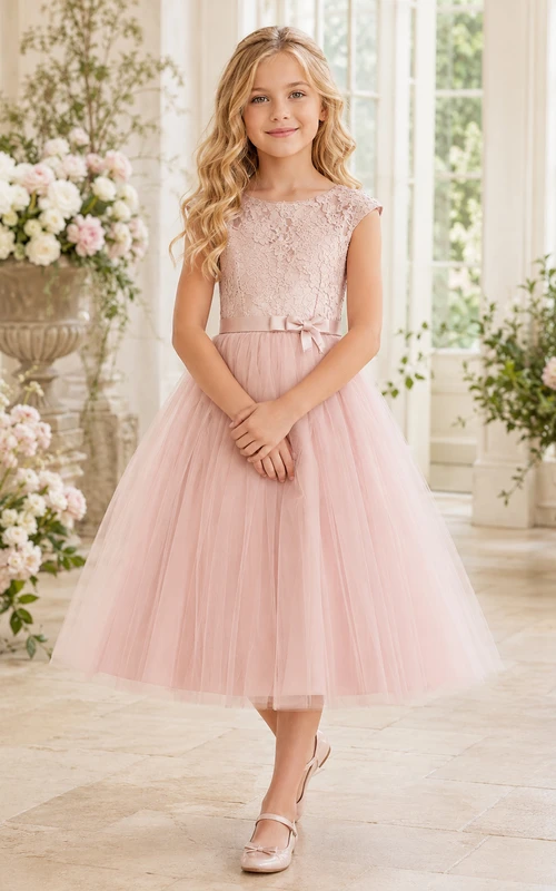 Rosafarbenes, ärmelloses Tüllkleid in A-Linie mit Schleife für Blumenmädchen, Gartenstil, Teelänge.