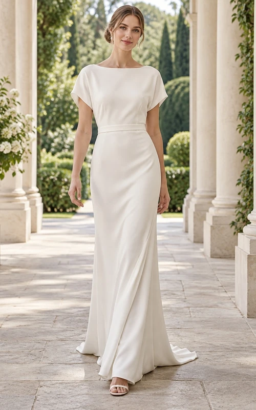 Brautkleid mit U-Boot-Ausschnitt, flatternden Ärmeln, Crêpe-Etui-Schleppe, Knopfleiste am Rücken
