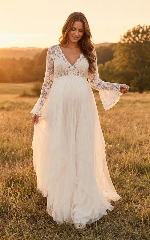 Bohemian Maternity V Neck Lace Bell Sleeve Tulle Empire Floor Wedding Dress