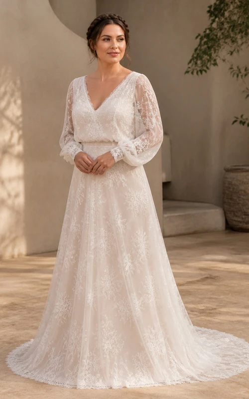 Vestido de novia bohemio de manga larga, corte en A, escote en V, encaje y cola capilla
