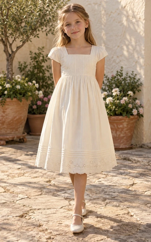 Square Neck Vintage Tea-length Cream Pintucked Short Sleeve Cotton Flower Girl Dress