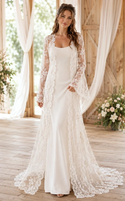 Square Romantic Neck Long Sleeve Bridal Refined Wedding Dress A-Line Lace
