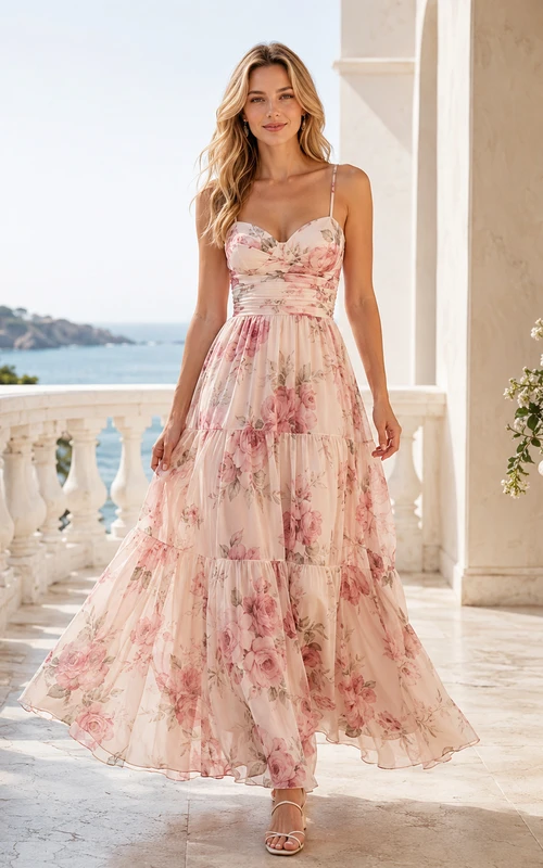 Robe de bienvenue en tulle à fines bretelles et décolleté cœur, ornée de fleurs rose poudré et arrivant à la cheville, coupe trapèze, à bretelles spaghetti et bustier cœur.