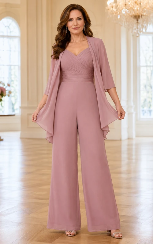 Dusty Rose Mother Pantsuit with V Neck Chiffon Cape Jacket and Wide Leg Pants