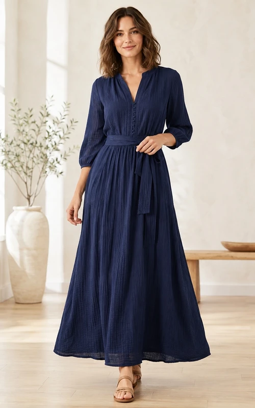 Ink Navy Cotton Gauze V-Neck Long-Sleeve A-Line Ankle-Length Dress