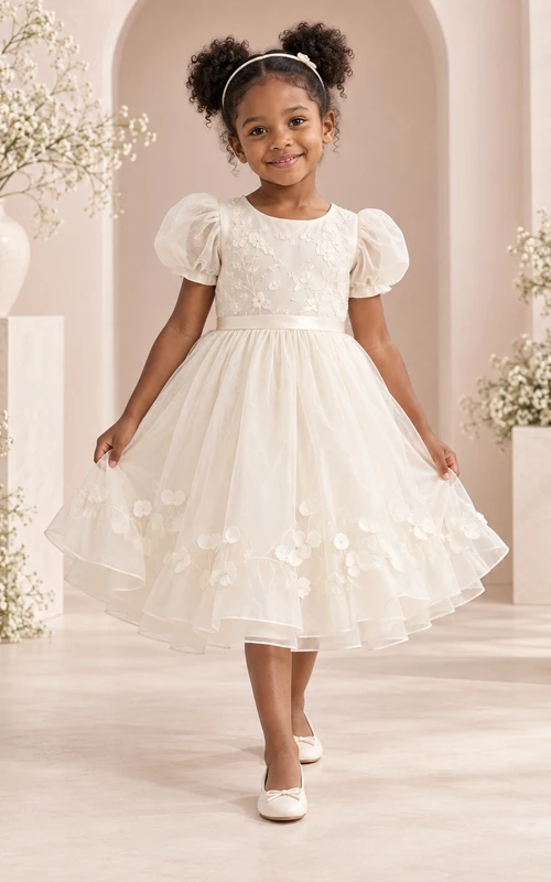 Tea-length Ivory A-line Floral Tulle Puff-sleeve Tiered Bow-back Flower Girl Dress