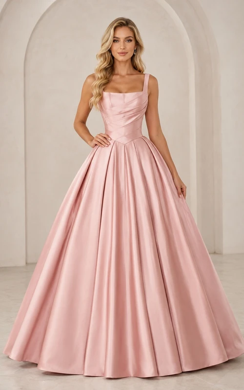 Pink Satin Square Neck Sleeveless Ball Gown Floor-length Elegant Modern Prom Dress