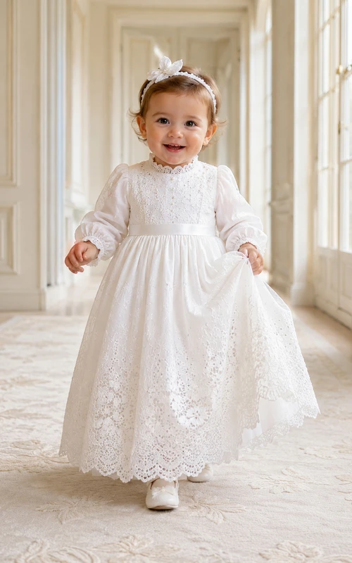 Regal Baby Baptism Christening Ceremony Gown A-Line Tea-Length Jewel Neck Puff Sleeve Tulle Lace Bow Back Button Back