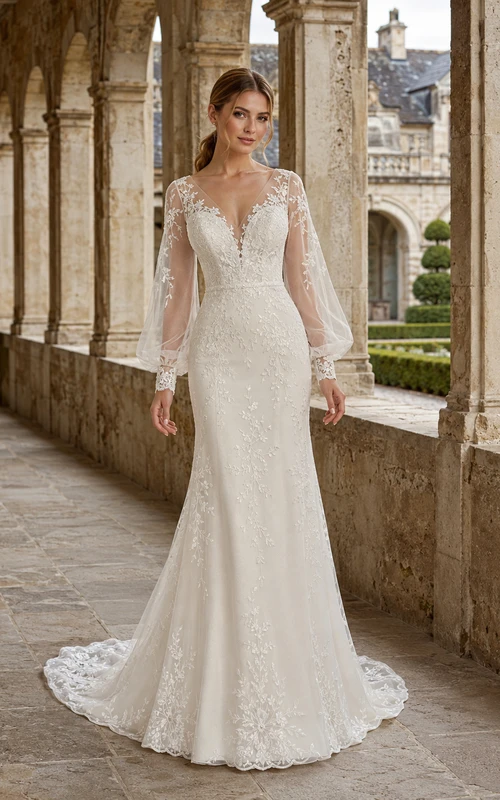 Illusion Poet Sleeve Lace Mermaid Manor Elopement Gown