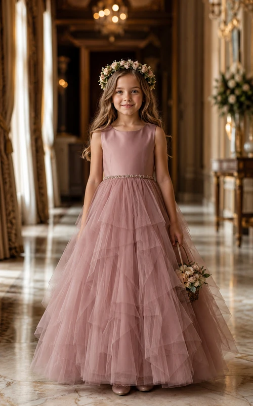 A-line Floor Length Sleeveless Tulle Flower Girl Dress with Dusty rose sleeveless gown with tiered tulle skirt