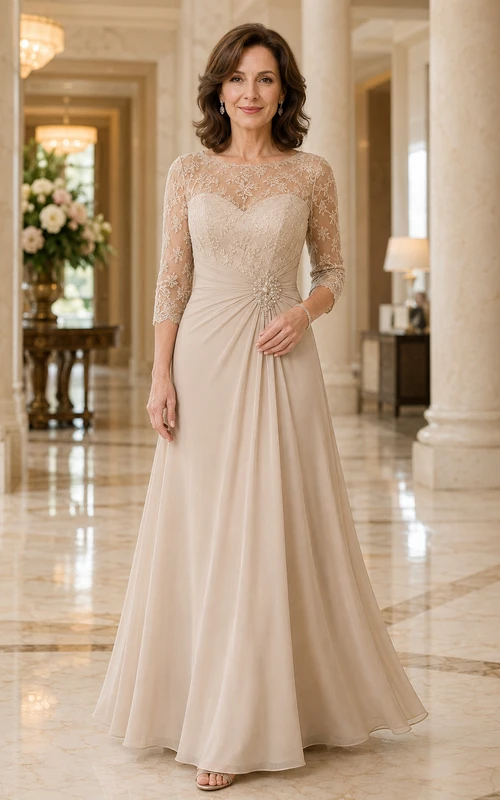 MOB Dress Champagne Chiffon Lace A-Line 3/4 Sleeve Bateau Neck Floor Length Draped