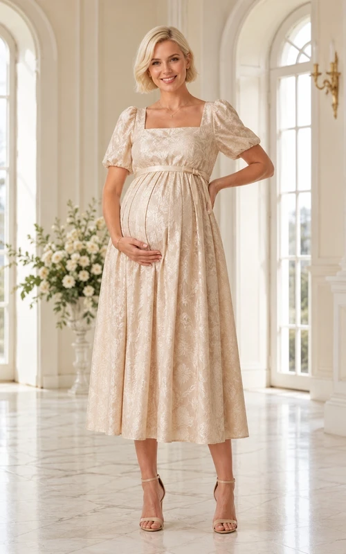 Champagnerfarbenes Umstandskleid, A-Linie, Blumenmuster, eckiger Ausschnitt, Puffärmel, Vintage-Stil