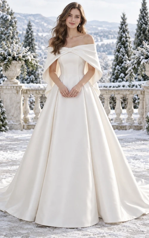 Simple Off Shoulder Satin A-line Short Wedding Cape Dress