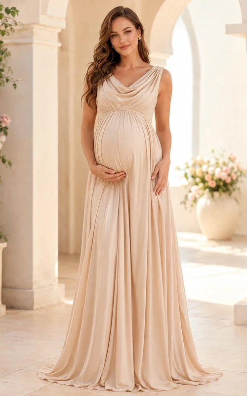Romantic Maternity Blush Chiffon A-Line Floor-Length Cowl Neck Sleeveless Dress