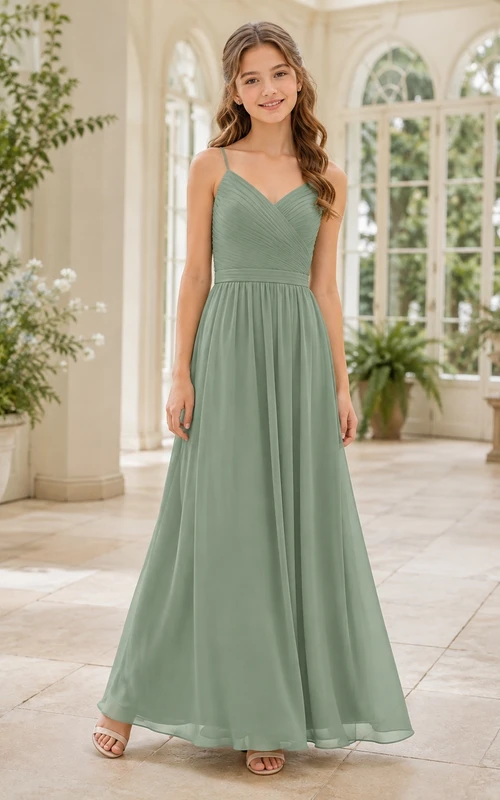 Vestido de dama de honor juvenil color celadón, corte en A, tirantes finos, sin mangas, fruncido, estilo romántico.