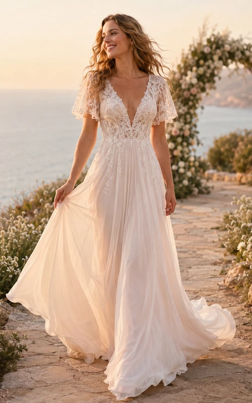 Robe de mariée de plage en mousseline de soie rose poudré, col en V, manches papillon en dentelle, coupe trapèze, traîne, style bohème.