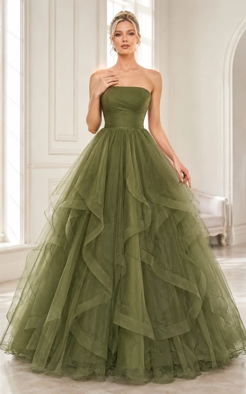 Olive Green Tulle Strapless Tiered Ball Gown Floor-length Formal Dress