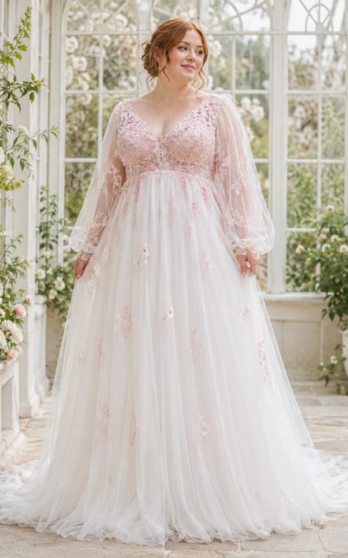 Brautkleid in zartem Rosa, Übergröße, V-Ausschnitt, langen Ärmeln, Empire-Stil, A-Linie, Spitze