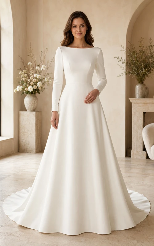 Robe de mariée simple en satin, coupe trapèze, manches longues et ourlet bateau, longueur au sol.