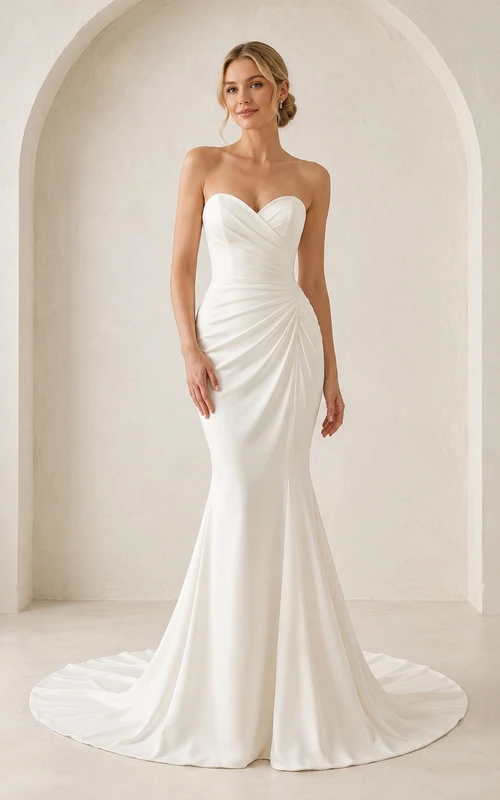 Vestido de novia largo hasta el suelo, sin tirantes, con escote corazón y fruncido en la cadera, estilo sirena.
