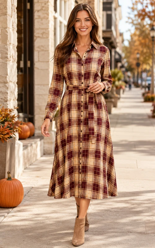 Vestido midi de manga larga con cuello camisero a cuadros burdeos para otoño