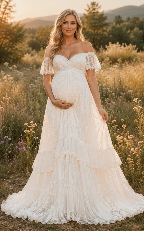 Maternity Wedding Dress Off Shoulder Flutter Sleeve Tiered Lace Bridal Gown
