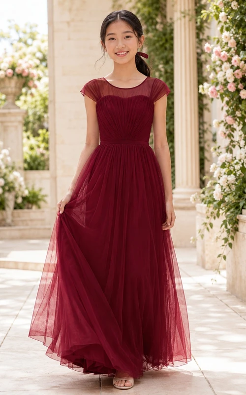 Robe de demoiselle d'honneur junior bordeaux, coupe trapèze, manches courtes échancrées, froncée, style romantique