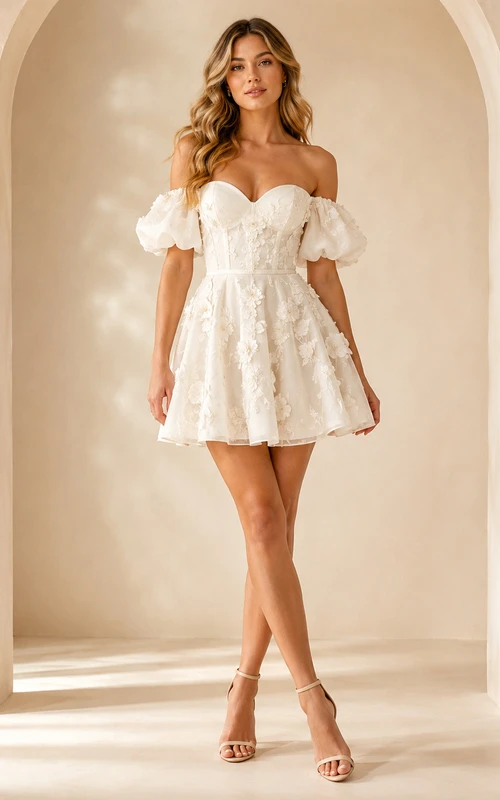 Adorable minivestido de cóctel de boda romántico con mangas abullonadas y escote Bardot, de encaje y corte en A.