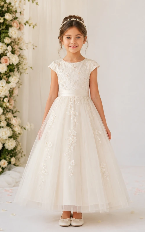 Tea-length Lace Cap Sleeve Tulle Flower Girl Dress with Bow