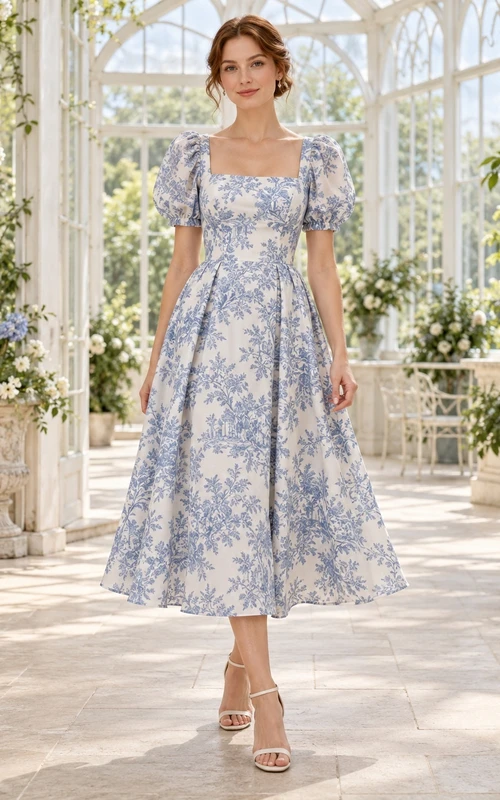 Slate Blue Toile Print A-Line Square Neck Puff Sleeve Tea-Length Guest Dress
