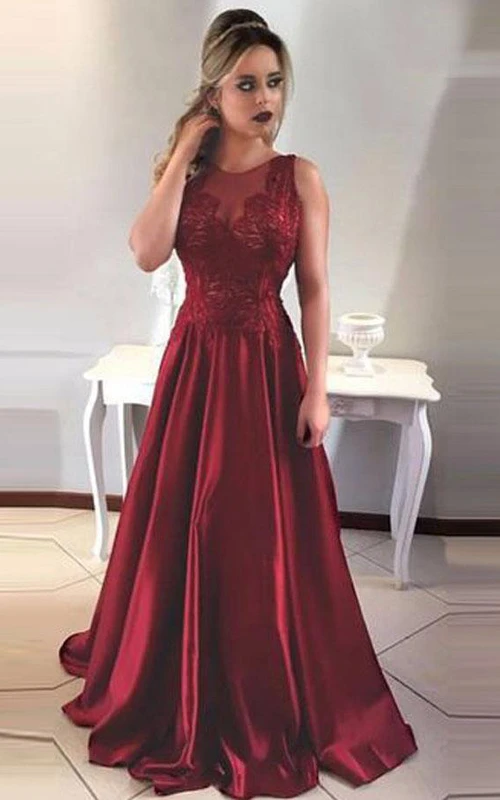 Ärmelloses A-Linien-Kleid aus Satin, Spitze und Strasssteinen mit Reißverschluss und tiefem V-Ausschnitt am Rücken