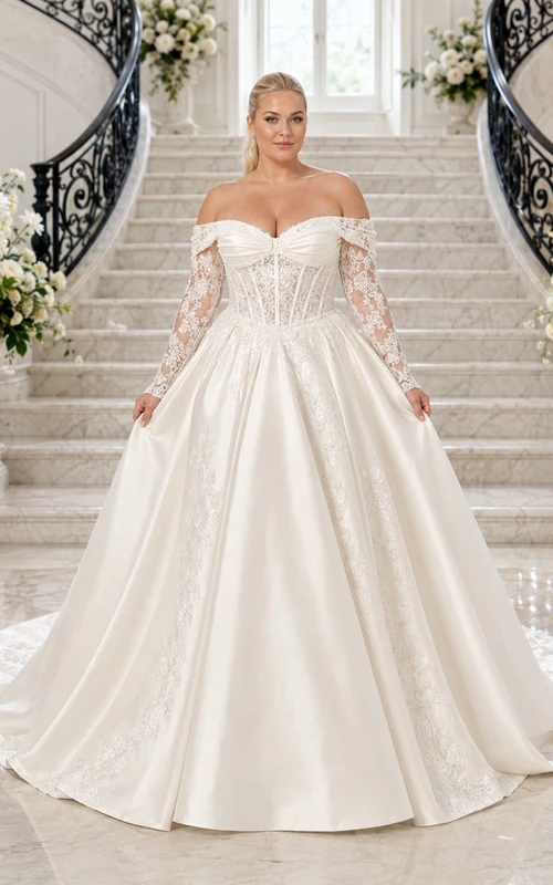 Elegantes Brautkleid in Übergröße: Langärmeliges, schulterfreies Satin-Ballkleid