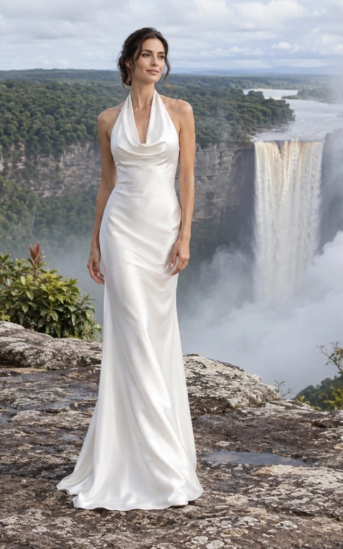 Vestido de novia de satén con escote halter, corpiño drapeado y falda larga ajustada.