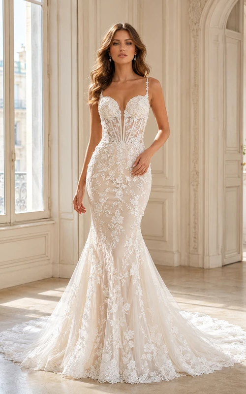 Robe de mariée sirène sans manches à décolleté plongeant en dentelle spectaculaire et traîne chapelle, ornée d'appliqués floraux, style jardin.