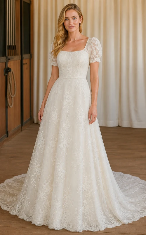 Vestido de novia romántico de corte A con escote cuadrado y mangas abullonadas, estilo catedral y encaje.