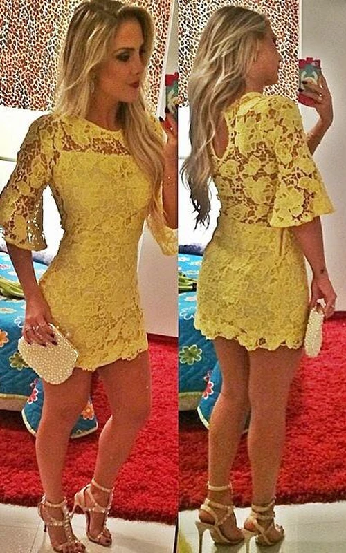 Sexy kurzes gelbes Cocktailkleid mit halblangen Spitzenärmeln