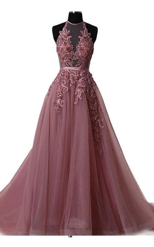 Ärmelloses A-Linien-Kleid aus Spitze und Tüll mit hohem Kragen und Schnürung am Rücken
