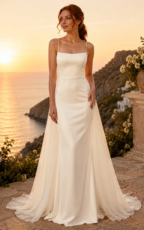 Minimalistisches Chiffon-Brautkleid, A-Linie, eckiger Ausschnitt, ärmellos, kurze Schleppe