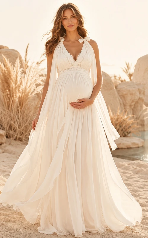 Maternity Halter V-Neck Empire Chiffon Backless Wedding Dress