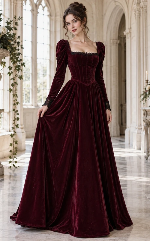 Elegante vestido formal largo hasta el suelo de terciopelo burdeos con mangas cuadradas.