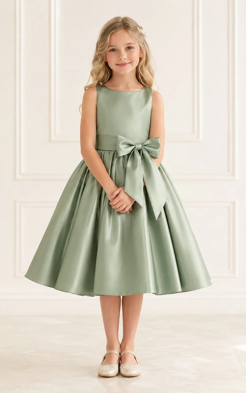 Einfaches, teelanges A-Linien-Kleid im Gartenblumenmädchen-Stil aus salbeifarbenem Satin mit Schleife am Rücken und Schmuckkragen