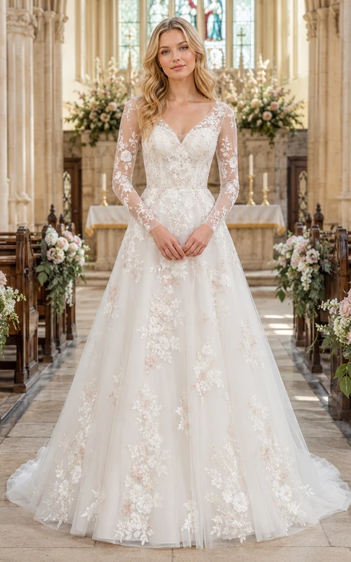 Spring Floral Long Sleeve V-Neck A-Line Chapel Wedding Dress