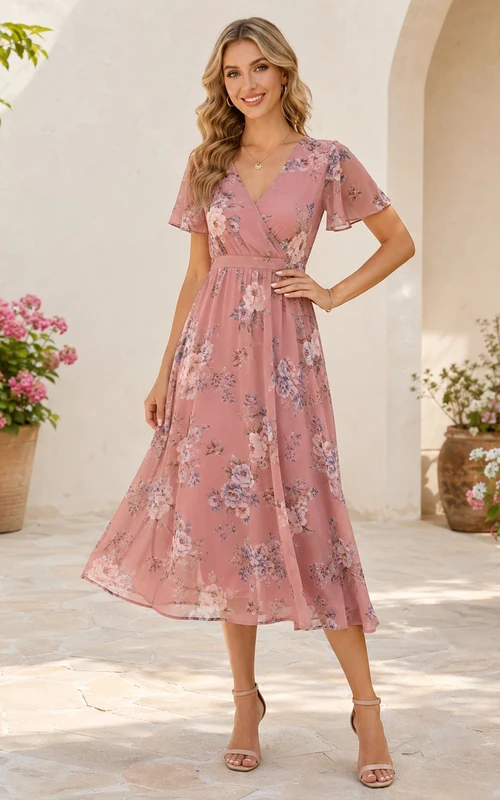 Dusty Rose Floral V-Neck Flutter Sleeve Garden Guest Dress Romantic