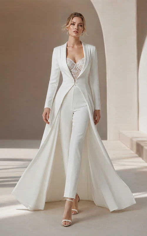 Blazer blanco, mono largo de boda con medias