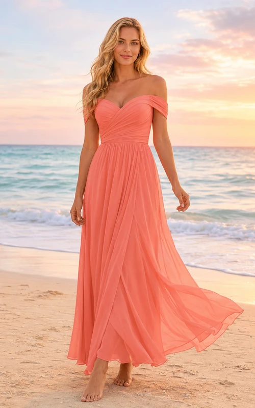 Coral Off Shoulder Chiffon Floor Length A Line Beach Dress